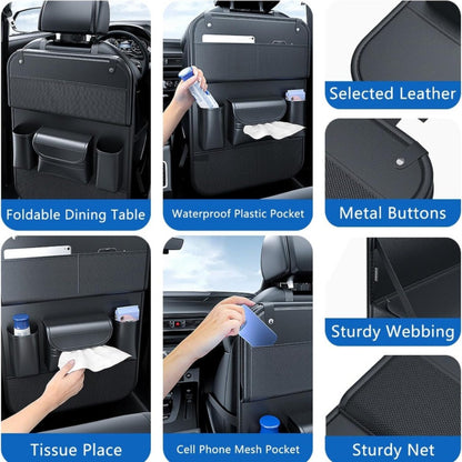 Faux Leather Car Seat Back Organizer with Foldable Table & Tablet Stand – Seat Backrest Protection Pad, Car Interior Organizer | Black, Gray, Brown (1 or 2 Pack)