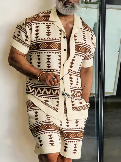 Men's Shirt and Shorts Set - Geometric Print Summer Style
