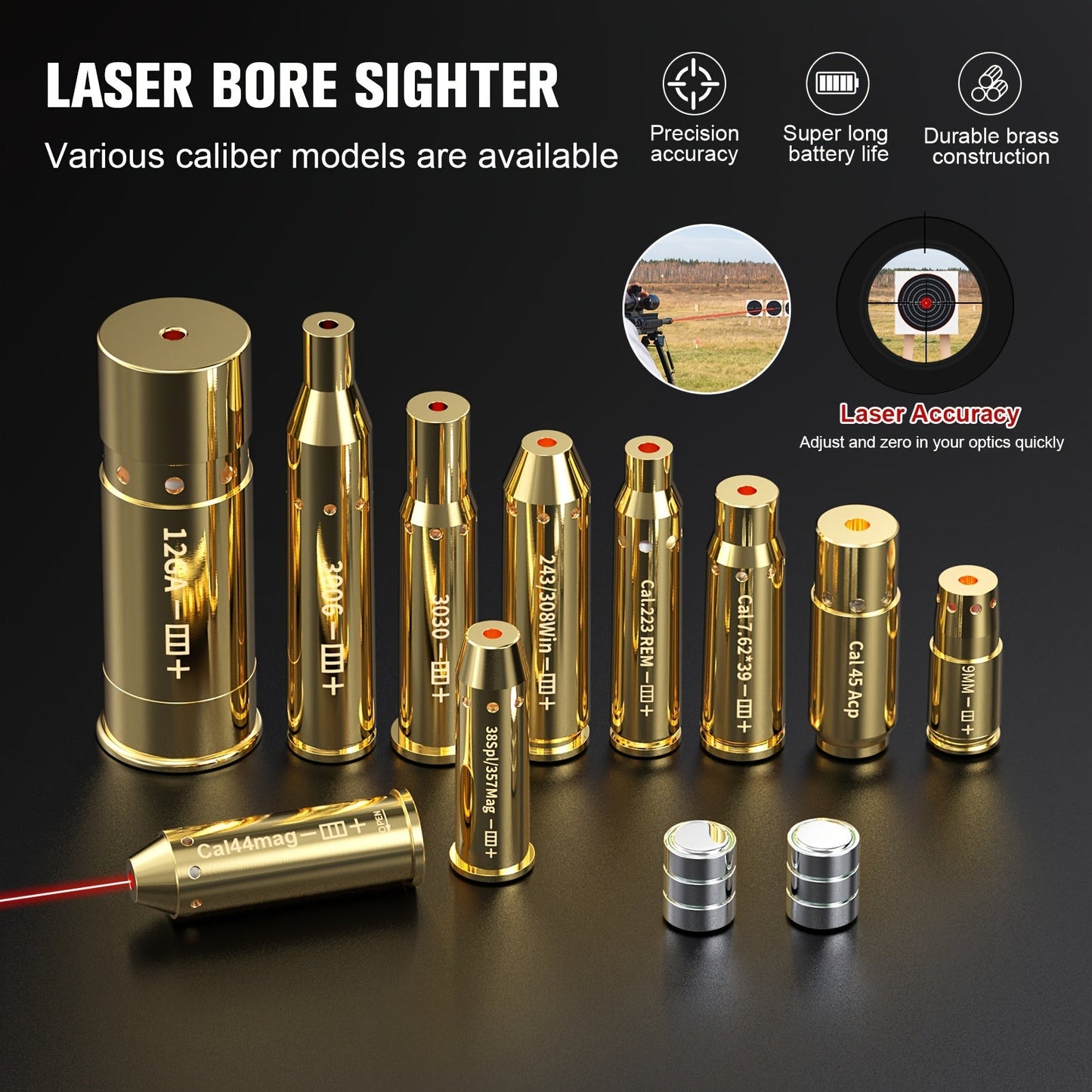 Red Laser Bore Sighter Multi-Caliber Firearms Calibration Tool 9mm 45ACP 308Win 223Rem 12GA 7.62 38SPL 44Mag Battery Included for Shooting Range