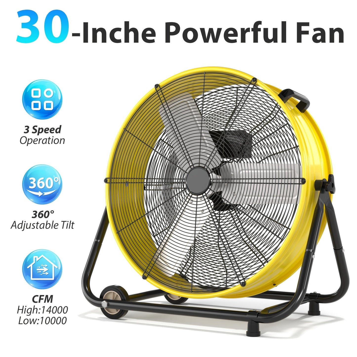Industrial Drum Fan 24 & 30 Inch | High Velocity Floor Fan 9460-14000 CFM, 3-Speed Air Circulator with 180° Tilt for Warehouse, Garage, Workshop, Job Site & Large Space Cooling – Multiple Colors