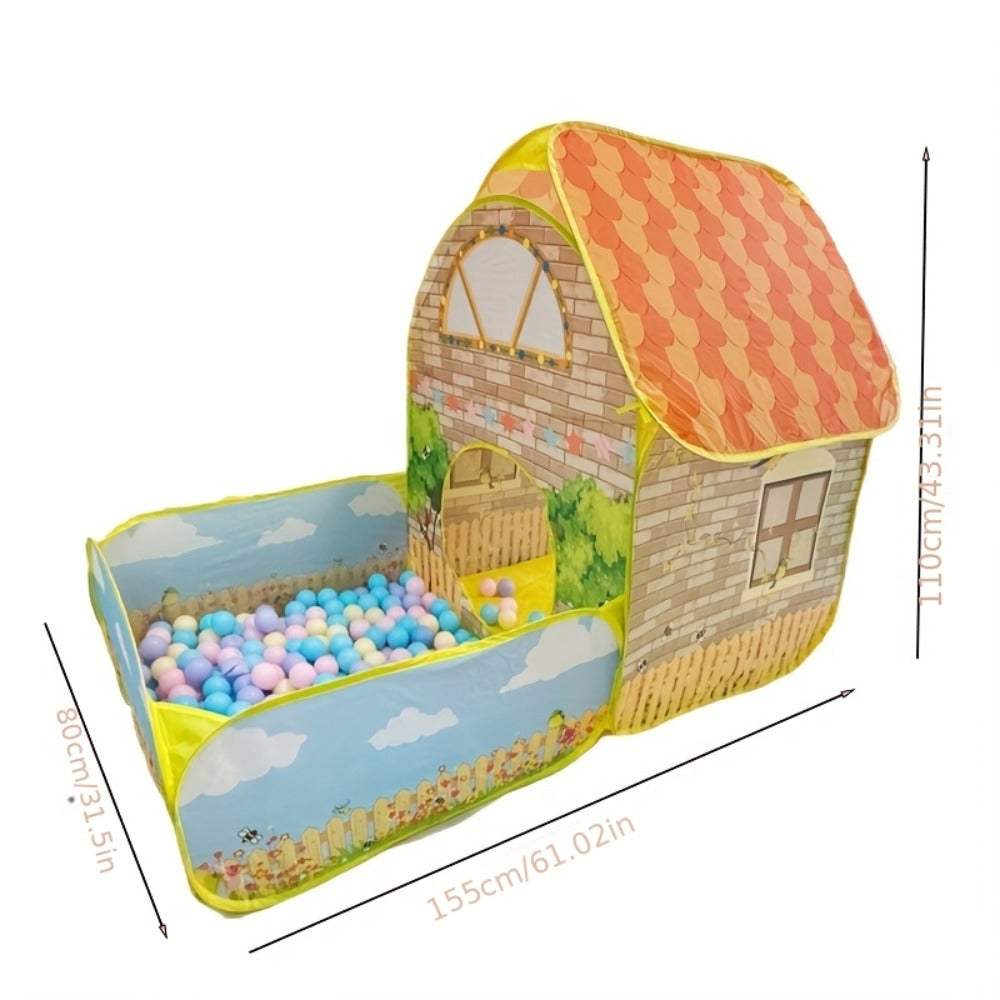 Kids Cottage Play Tent with Ball Pit Cartoon Playhouse Indoor Outdoor Imaginative Hideaway Fort for Toddlers Birthday Christmas Halloween Gift Boys Girls Ages 2+