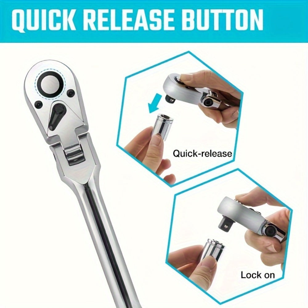 6-Piece Ratchet Wrench Set 1/4" 3/8" 1/2" Drive – Rotating Head Ratchet with Extension Bar, Chrome-Plated Stainless Steel, EVA Foam Storage Case | No Battery Required