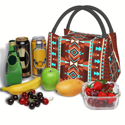 Insulated Cooler Bag Brown Geometric Pattern | Reusable Polyester Lunch Tote 11x6.5x7 In for Camping, Picnics & Beach Outings