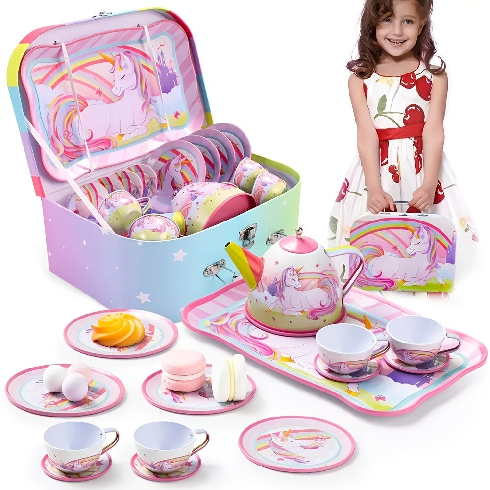 Unicorn Tea Party Set for Girls – Pretend Play Pink Tin Teapot with Cups, Plates & Carrying Case, Magical Rainbow Design, Birthday Christmas Gift for Kids Ages 3+