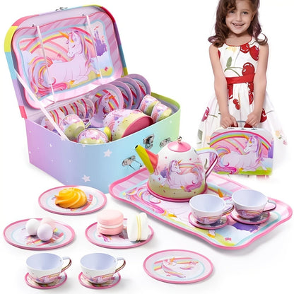 Unicorn Tea Party Set for Girls – Pretend Play Pink Tin Teapot with Cups, Plates & Carrying Case, Magical Rainbow Design, Birthday Christmas Gift for Kids Ages 3+