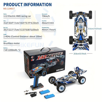 Wltoys 124017 RC Car 75KM/H Brushless 4WD – Professional High-Speed Off-Road Drift Racing Car, Aluminum Alloy Chassis, Oil Pressure Shock Absorber, 2 Batteries Included, Gift for Boys & RC Hobbyists