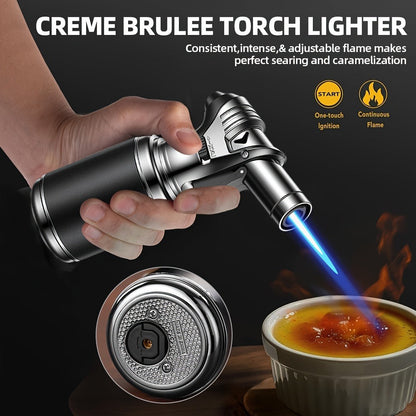 Big Tank Kitchen Butane Torch Lighter Adjustable Flame & Safety Lock - Refillable Blow Torch with Refill Adapters for Creme Brulee, BBQ, Desserts & Baking | Butane Not Included
