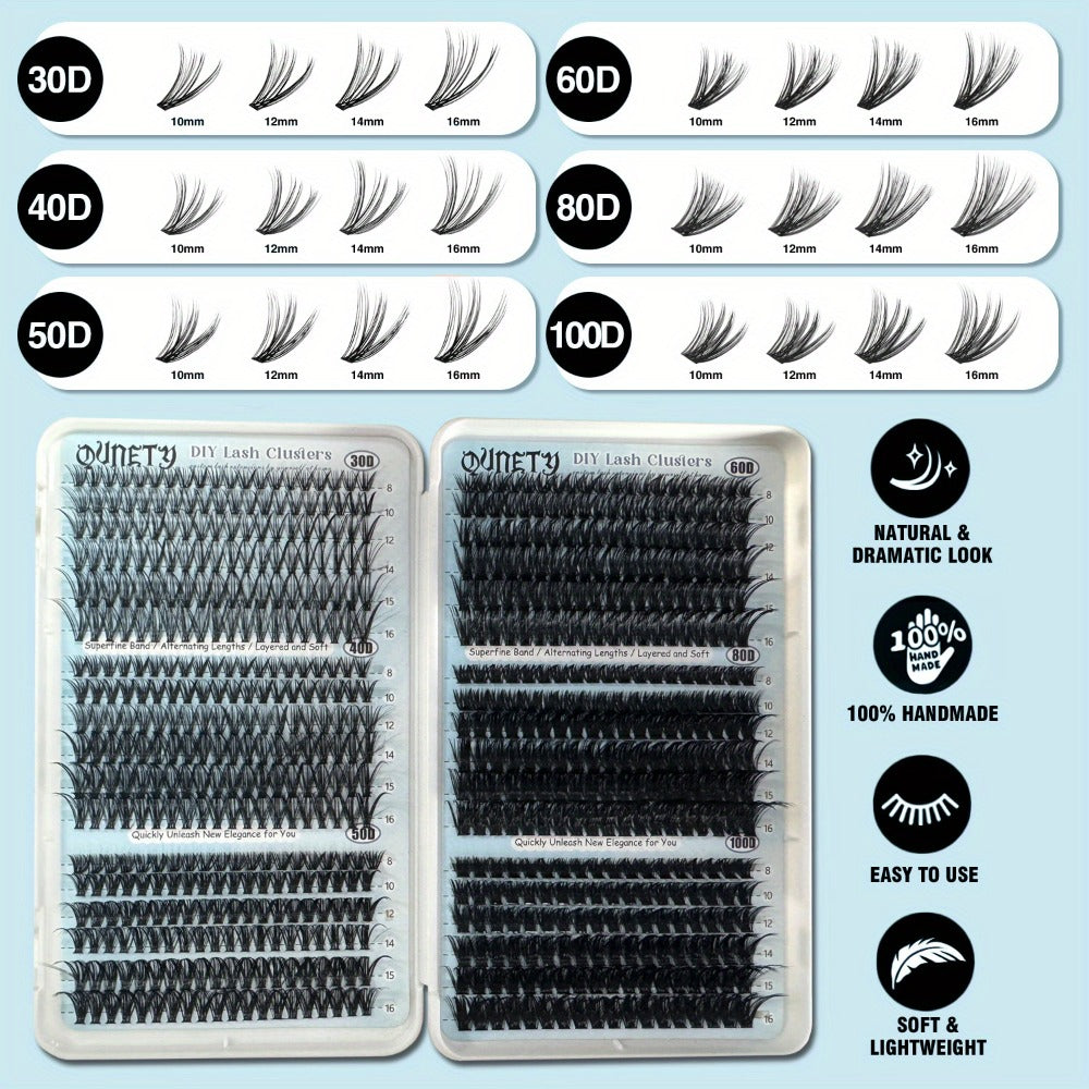 Complete 720-Piece Handmade Cluster Lash Kit with Glue & Tweezers — 30D to 100D, 6 Styles & Lengths, Lightweight No-Irritation Formula for Natural & Volume DIY Eyelash Extensions