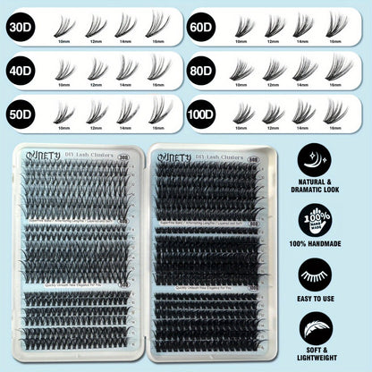 Complete 720-Piece Handmade Cluster Lash Kit with Glue & Tweezers — 30D to 100D, 6 Styles & Lengths, Lightweight No-Irritation Formula for Natural & Volume DIY Eyelash Extensions