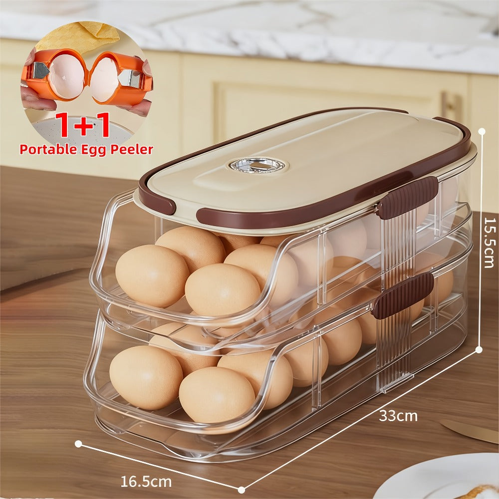 Egg Organizer for Refrigerator, Multi-Layer Auto-Rolling Egg Rack with Large Capacity – Space-Saving Egg Storage Dispenser for Fridge, Cabinet & Countertop, Ideal for Busy Families