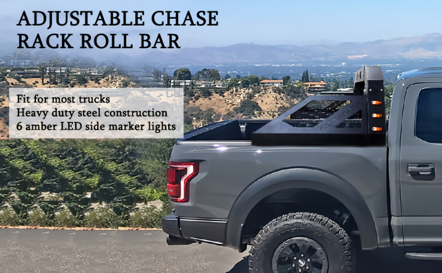 Truck Roll Bar Chase Rack – Heavy-Duty Steel, Adjustable & Extendable, Universal Fit for Pickup Trucks, Mounts Lights Spare Tire & Accessories