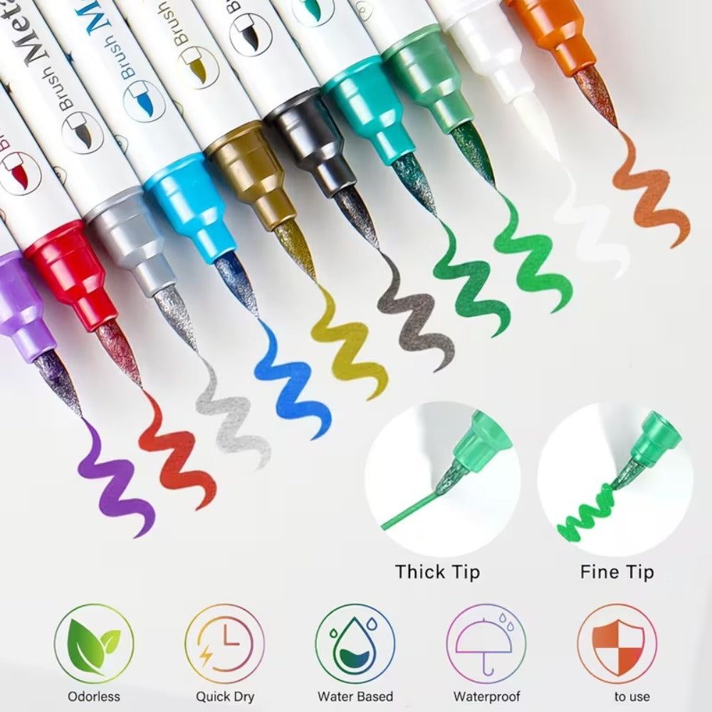 Nail Art Pens Set 10 Metallic Colors with 12pcs Nail Stickers - Dual-Headed 3D Acrylic Polish Markers for Doodle Dot Line Stitching Graffiti Designs, Home Salon Gift for Women Girls