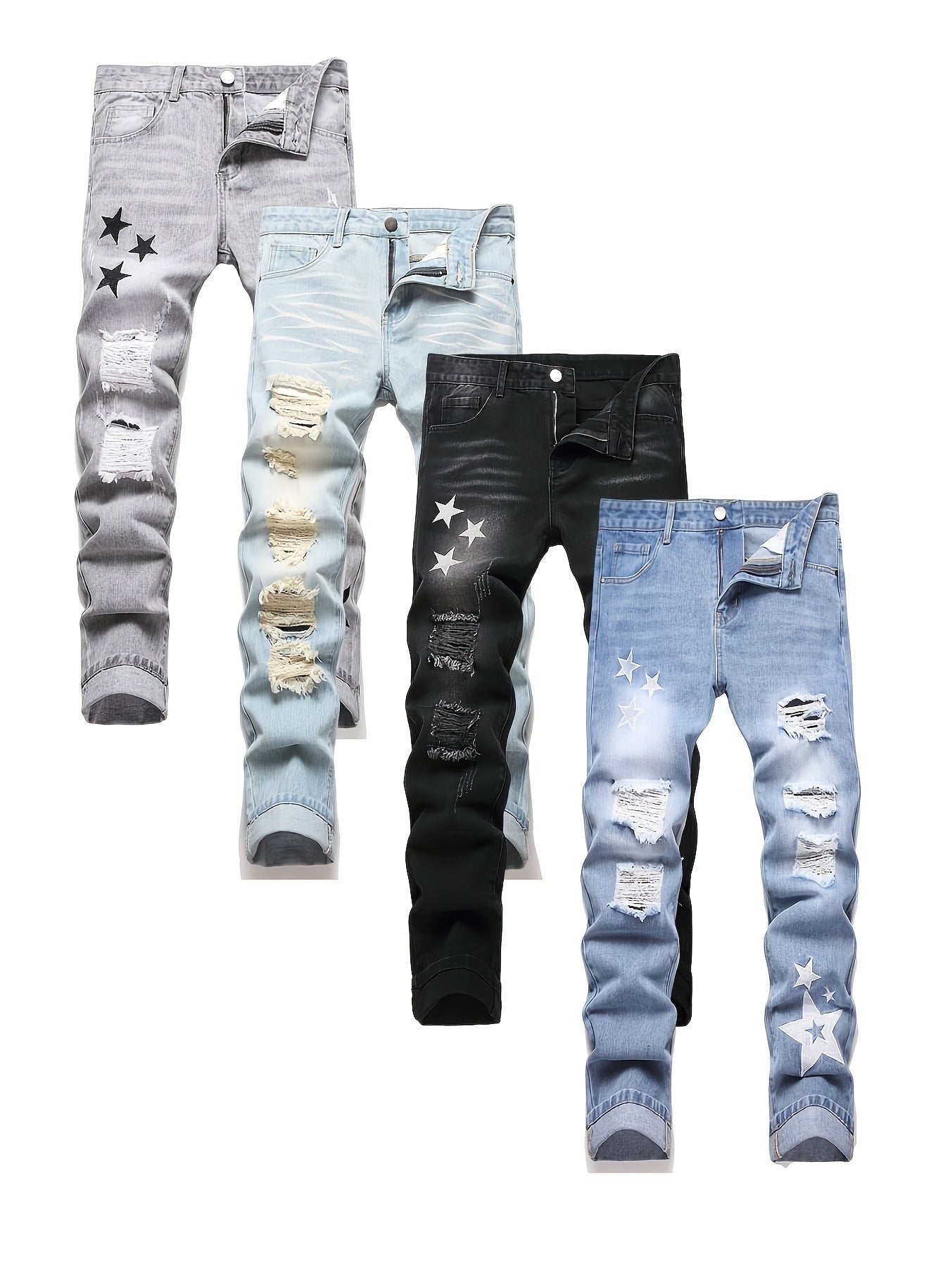 Teen Straight Leg Ripped Jeans - Multicolor Washed Denim