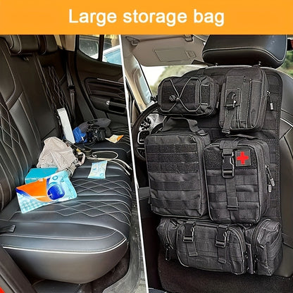 MOLLE Car Seat Back Organizer - 5 Detachable Pouches, 6 Keychains, Tactical Vehicle Panel Organizer for Jeep Truck SUV, Multipurpose Hanging Travel Gear Organizer, Universal Fit, Black