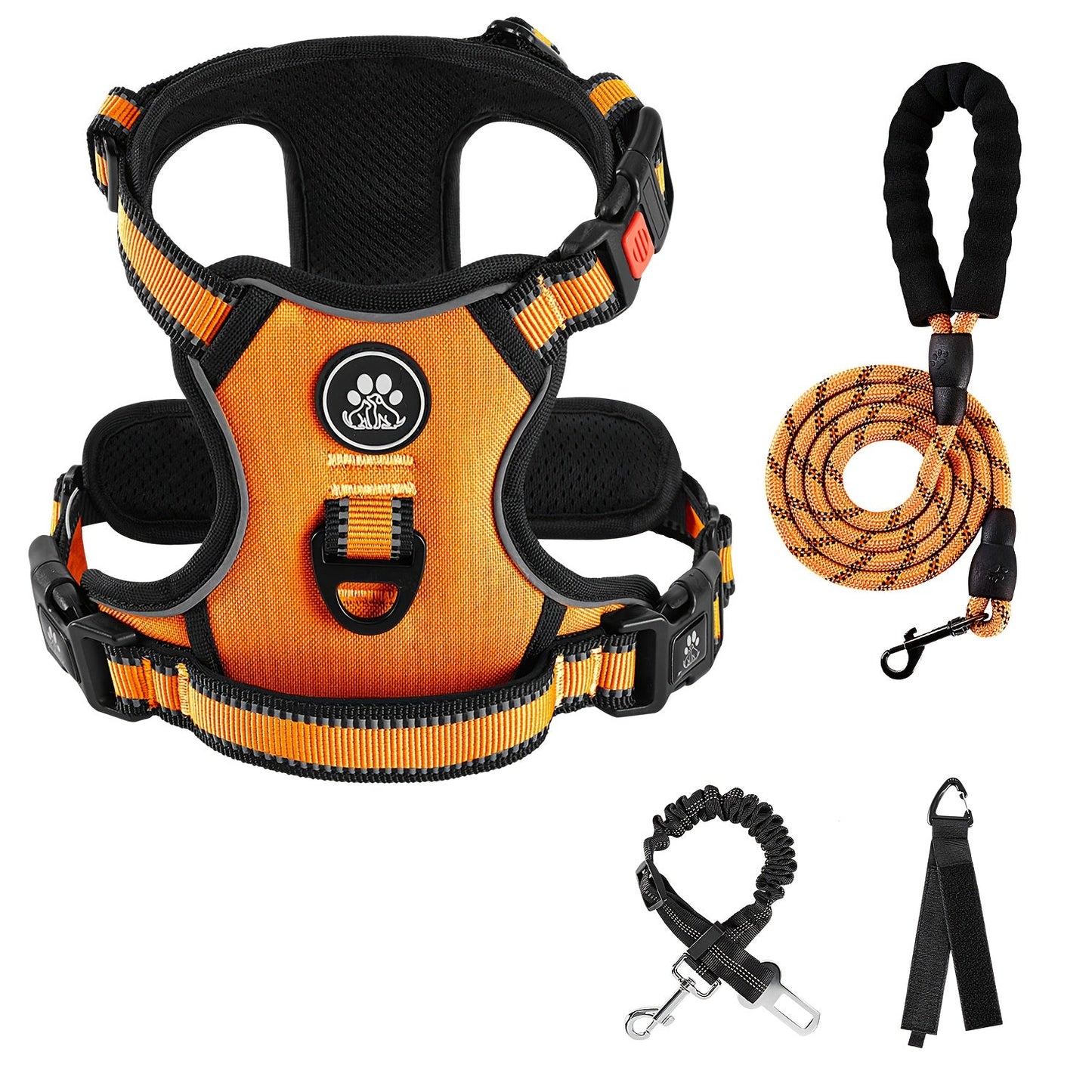 No Pull Dog Harness Set with Collar, Leash & Retractable Seatbelt – Reflective Adjustable Breathable Vest for Small to Large Dogs