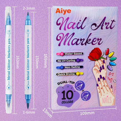 3D Nail Art Pens 10 Colors Double Ended Metallic Acrylic Paint Set – Quick Dry Fine Liner & Dotting Tip Graffiti Drawing Nail Marker for Salon & DIY Home Nail Design, Raised Effect