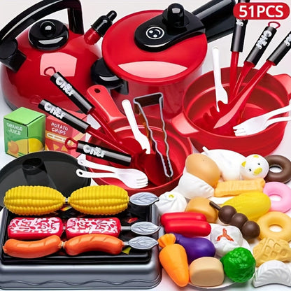 Pretend Play Kitchen Set for Kids – 51PCS Toy Cooking Utensils, Tableware & Play Food, Simulation Kitchen Playset for Toddlers Boys & Girls, Birthday Christmas Halloween Gift