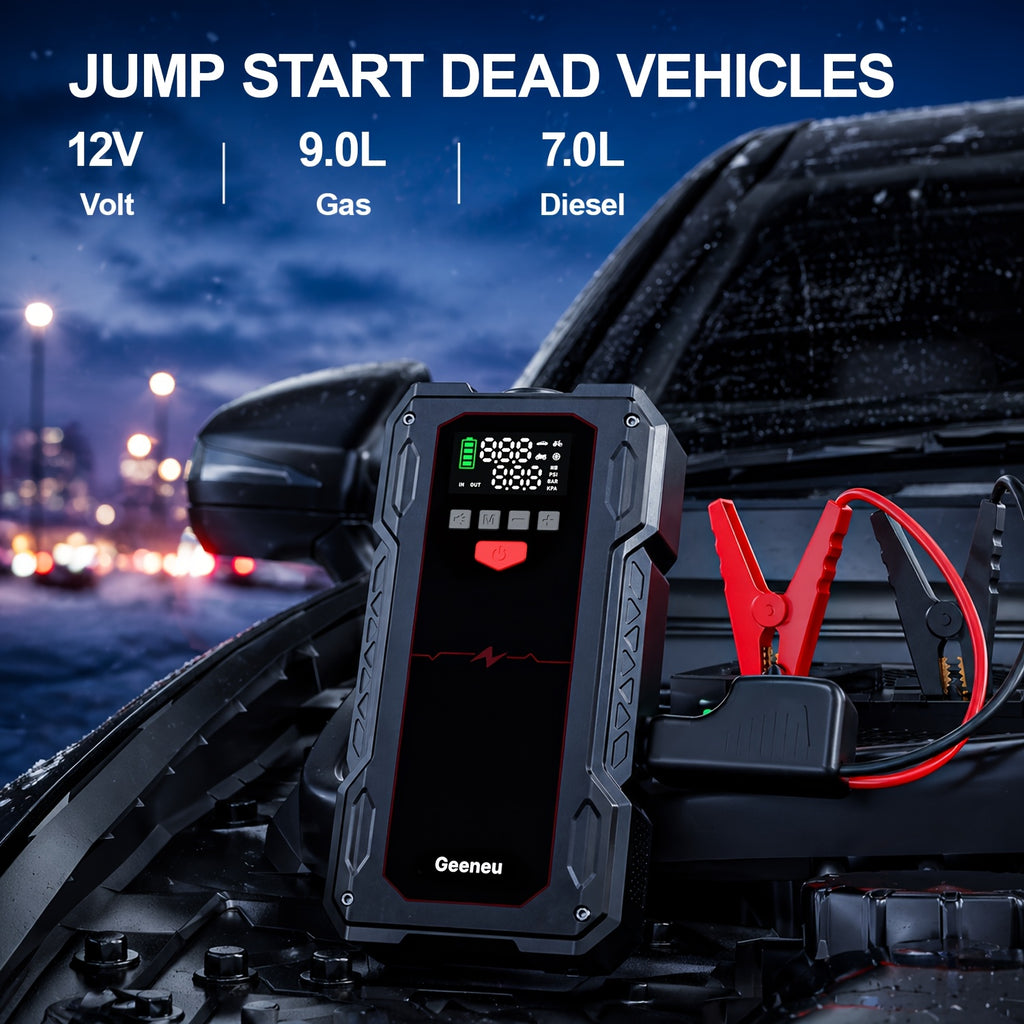 7-in-1 Portable Jump Starter With Air Compressor150PSI Digital Air Compressor, 12V Battery Booster For 2.38gal Gas/1.98gal Diesel Engines, Portable Car Jump Starter With Air Compressor, Fast Charge USB Ports & LED Emergency Light, Christmas Gifts