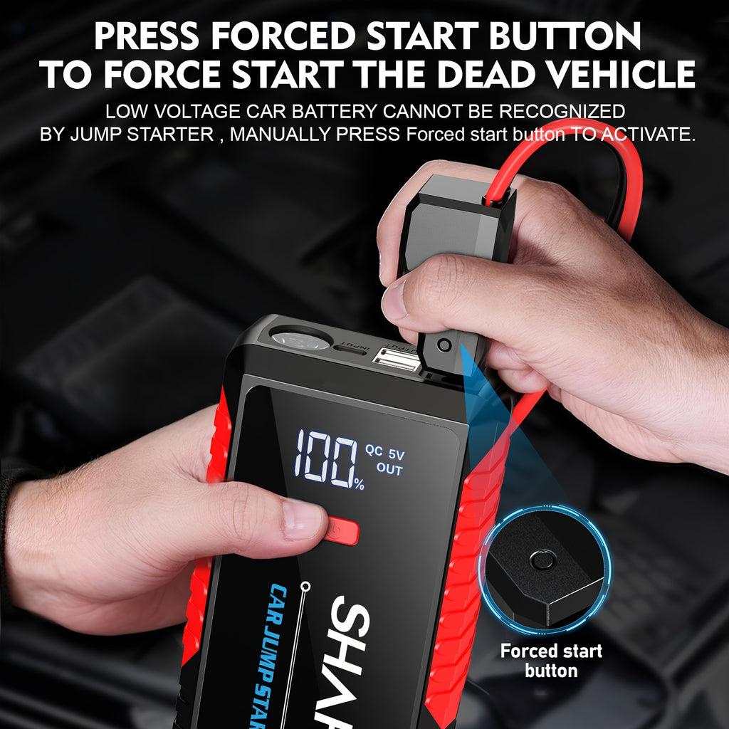 SHARMEAL 9-In-1 Portable Car Battery Jump Starter And Window Breaker Hammer with Built-In 3-Mode LED Flashlight And Heavy-Duty Jumper Cables, Ideal for Cars, Suvs, Trucks, Rvs