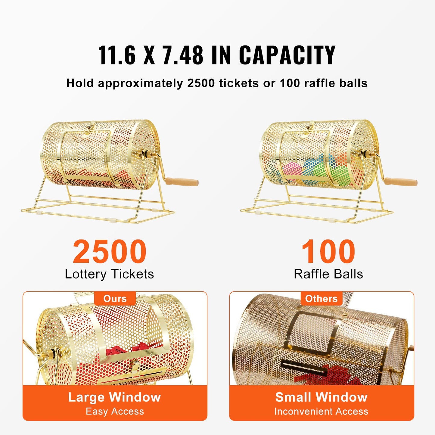 Raffle Drum Spinning Cage 12 Inch – Brass Plated Metal Lottery Ticket Drum with Wooden Handle, Holds 2500 Tickets or 100 Ping Pong Balls, for Bingo Ballot Party Events Fundraisers Trade Shows