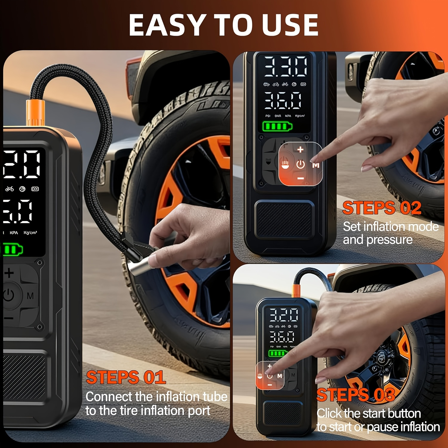 Cordless Tire Inflator Portable Air Compressor – 160PSI 5X Faster Inflation, Digital Pressure Gauge & LED Light, Wireless Air Pump for Car, Motorcycle, Bike & Ball, Compact Auto Tire Pump
