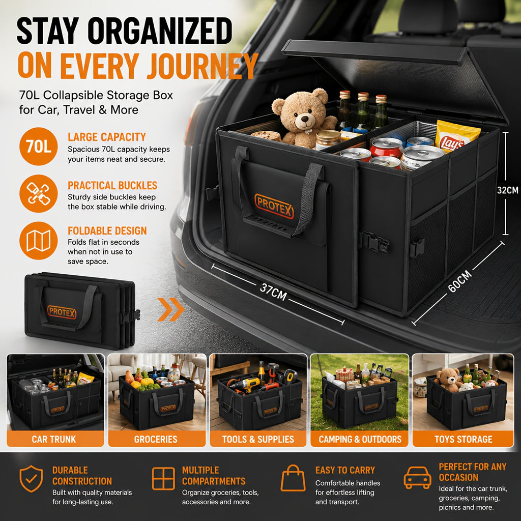 PROTEX Multifunctional Car Trunk Ice Pack (70 Liters) - Foldable with Lid, Cold And Heat Insulation, Large Capacity Organizer - Black Gray