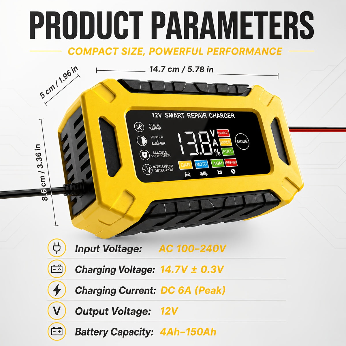[Cardivek Car Battery Charger 12V 6A]For Car, Truck, Motorcycle, Lawn Mover, And Marine - Maintain And Extends Battery's Life. Flame Retardand Material And Desulfator with Temperature Conpensation