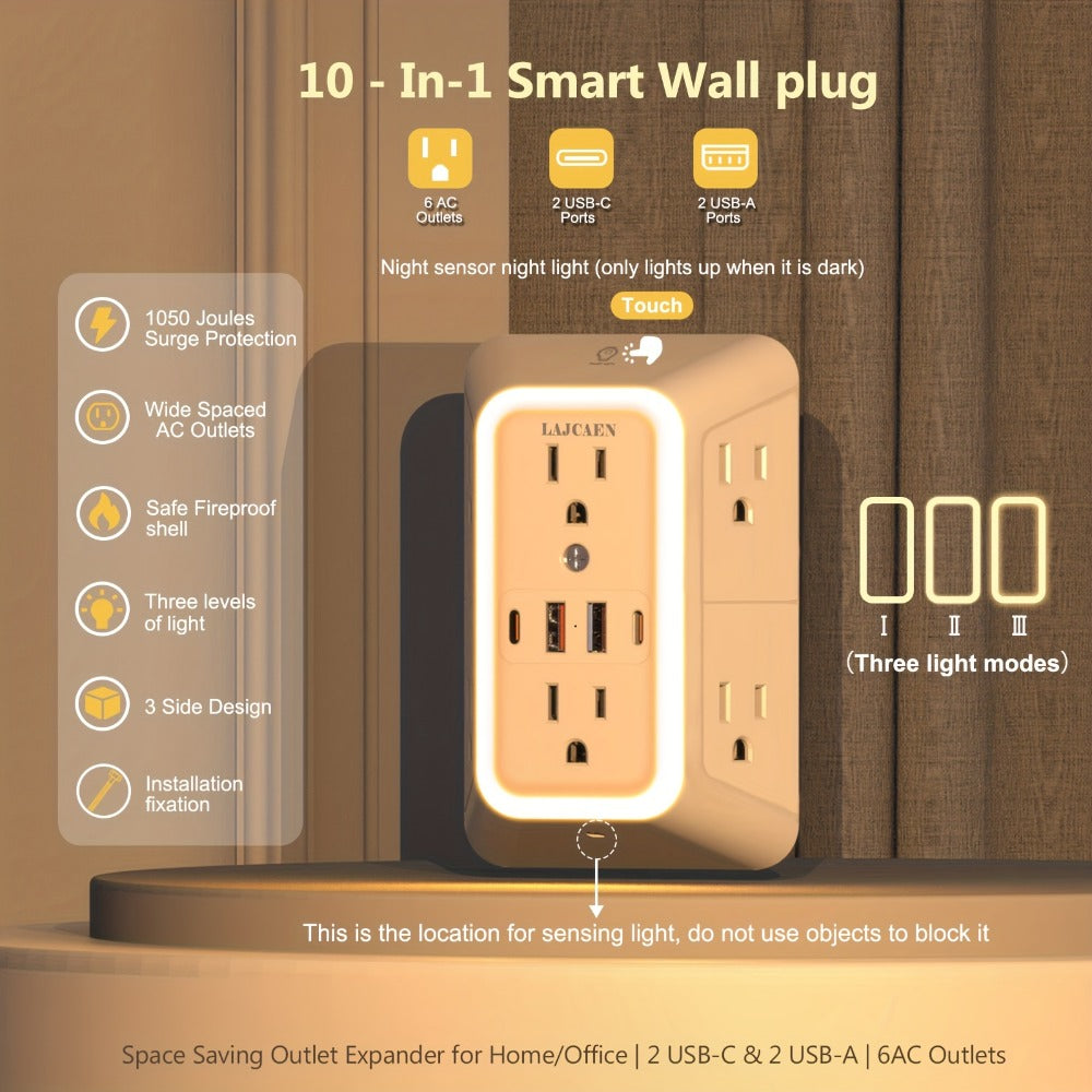 Outlet Splitter Wall Expander 10-in-1 with 6 AC Outlets 2 USB-A 2 USB-C Ports 3-Sided Plug Extender Surge Protector Night Light Compact Space-Saving Design for Home Dorm Apartment Office