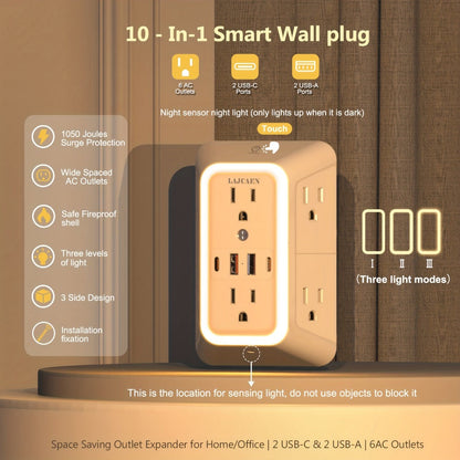 Outlet Splitter Wall Expander 10-in-1 with 6 AC Outlets 2 USB-A 2 USB-C Ports 3-Sided Plug Extender Surge Protector Night Light Compact Space-Saving Design for Home Dorm Apartment Office