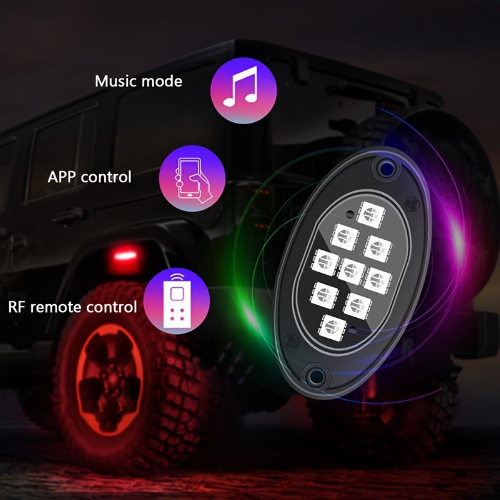 RGB Rock Lights Kit for Trucks & Cars, Sound-Activated LED Underbody Lights with APP & Remote Dual Control, 9 Large Beads Multicolor Chassis Neon Footwell Lighting for Pickup Off-Road