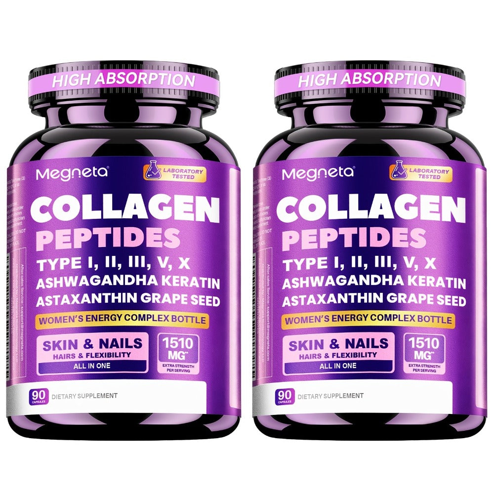 Collagen Capsules Type I II III V X with Vitamin C, Hyaluronic Acid & Biotin — Skin Hydration, Elasticity, Hair & Nail Growth Supplement | Anti-Aging Beauty Formula for Women & Men | 3rd Party Tested | 90 Capsules | 1 or 2 Bottle