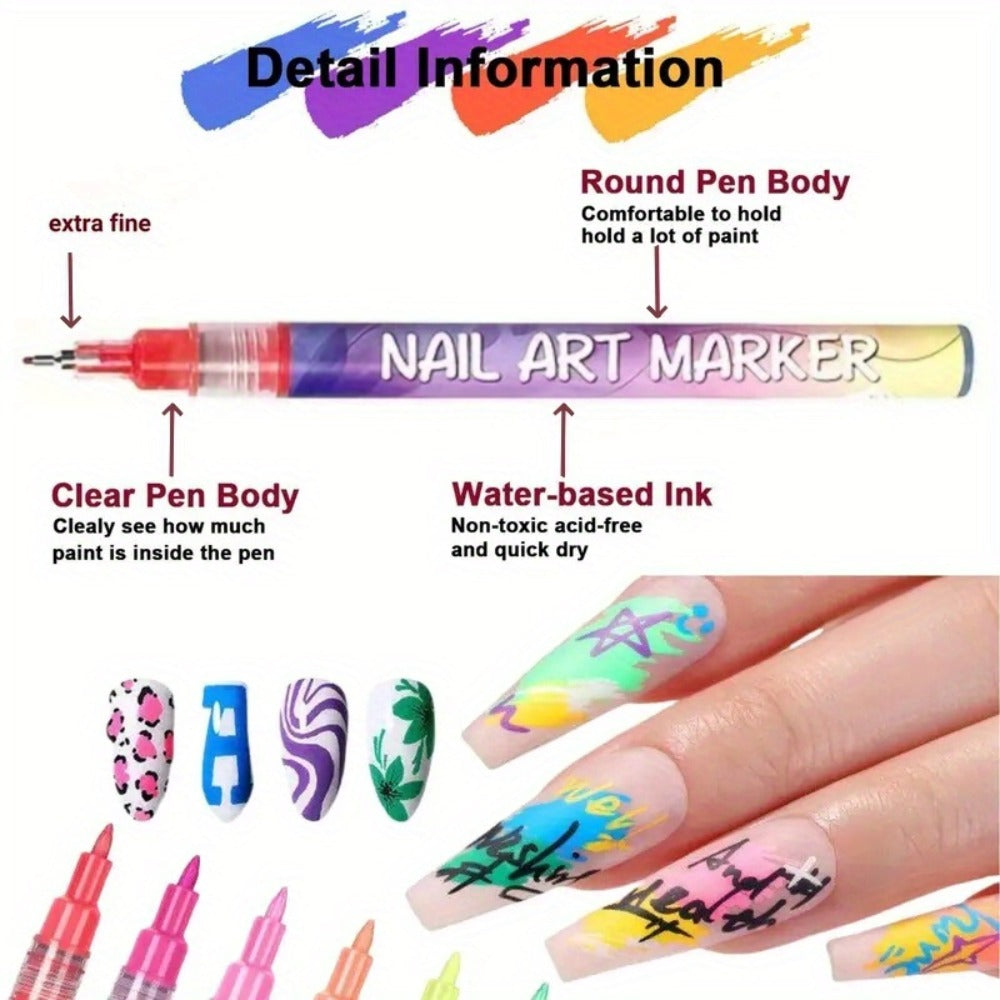 Metal Rod Nylon Brush Nail Art Pen Set 12 Colors - Acrylic Paint Pens for 3D Doodle Dot & Stitching Nail Design, Quick-Dry Long-Lasting Detail Tools for Home & Salon, Beginner Gift