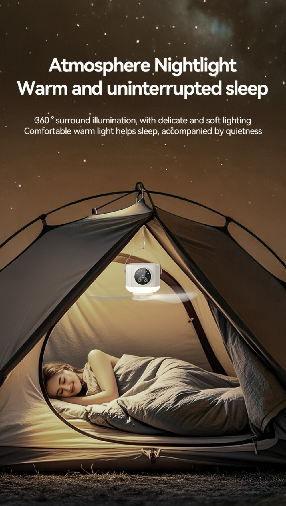 Camping Fan with Light & USB Rechargeable | Portable Outdoor Tent Fan with Tripod Stand, Detachable Blades, Adjustable Speed & Brightness for Camping, Bedroom, Dormitory & Travel Use – Silent Operation