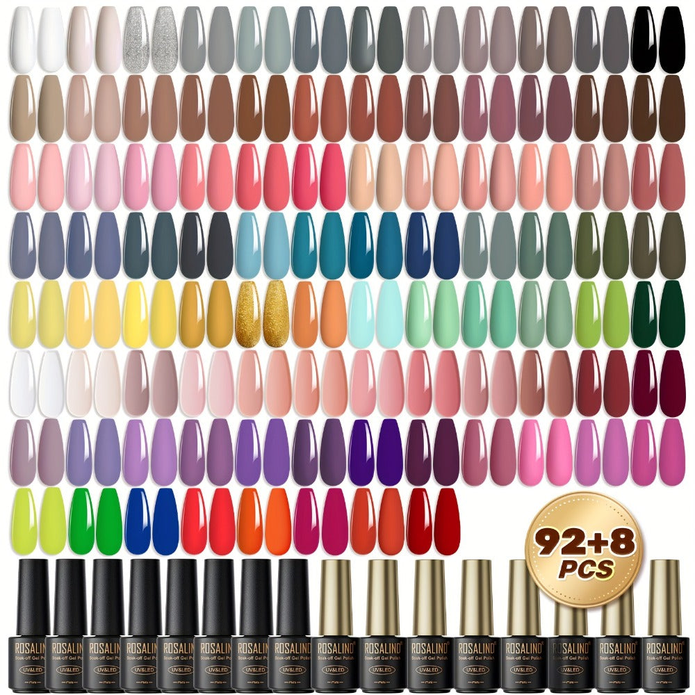 Gel Nail Polish Set 92 Colors 100-Piece Complete Kit – Soak-Off Gel Polish with Base Coat Glossy & Matte Top Coat, All-Season UV/LED Curable Nail Art Collection for Salon & Home Women by ROSALIND