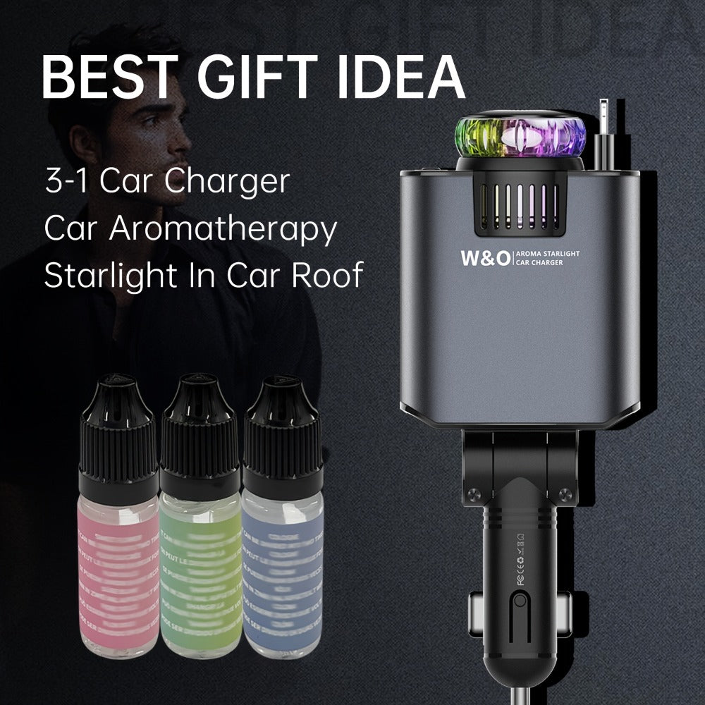 3-in-1 Car Charger Perfume Diffuser with Starry Sky Ambient Light – Retractable Cable for iPhone & Samsung, 3 Scents, 36V Compatible, Car Interior Gift