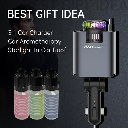 3-in-1 Car Charger Perfume Diffuser with Starry Sky Ambient Light – Retractable Cable for iPhone & Samsung, 3 Scents, 36V Compatible, Car Interior Gift