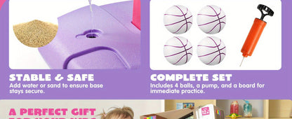 Toddler Basketball Hoop Adjustable Height 2.5-3.5ft Kids Basketball Goal with 4 Balls Air Pump Indoor Outdoor Sports Toy for Boys Girls Ages 1-6 Birthday Christmas Easter Gift Pink Purple