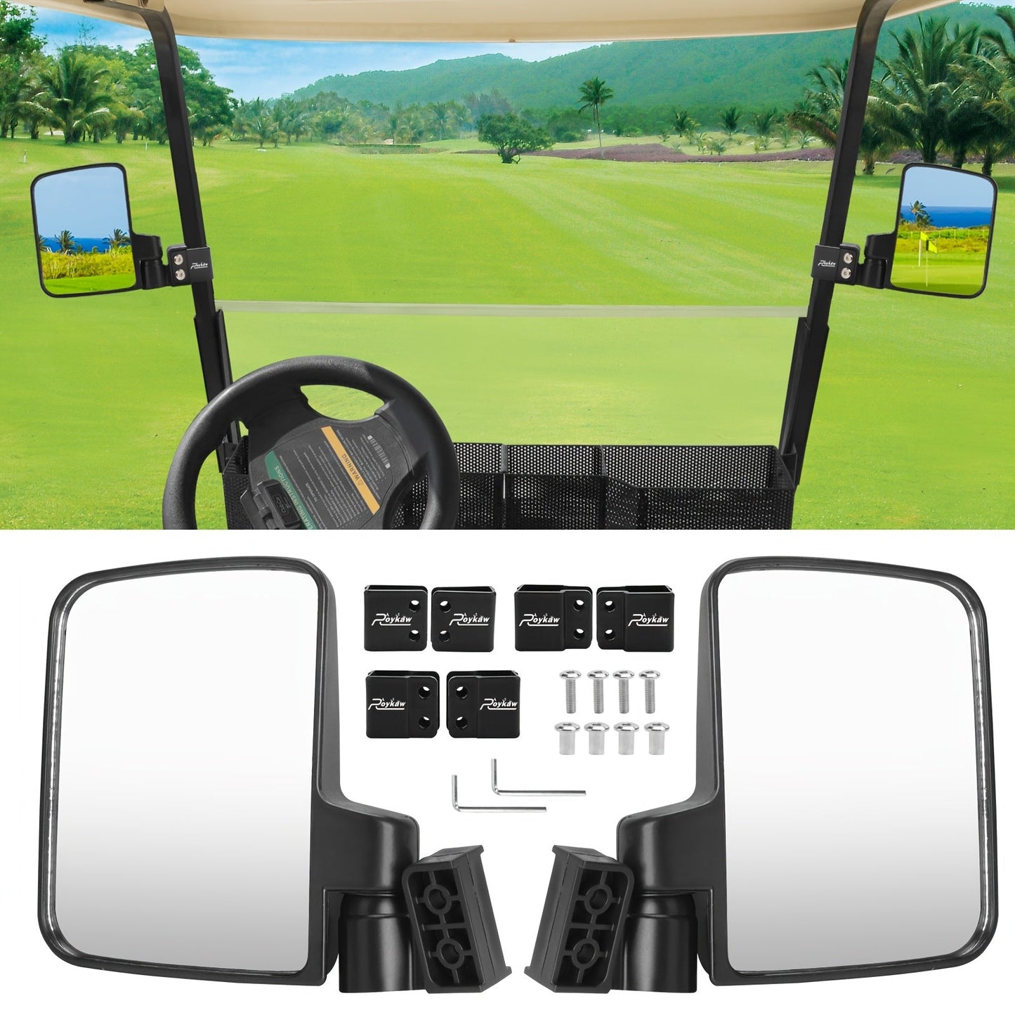 Golf Cart Mirror Set Convex Wide Angle Rotatable Side & Panoramic Rear View Mirrors – Fits Yamaha, EZGO, Club Car & Most Golf Carts, 0.75"-1.25" Square Frame, Real Glass, ABS Housing, Easy Install
