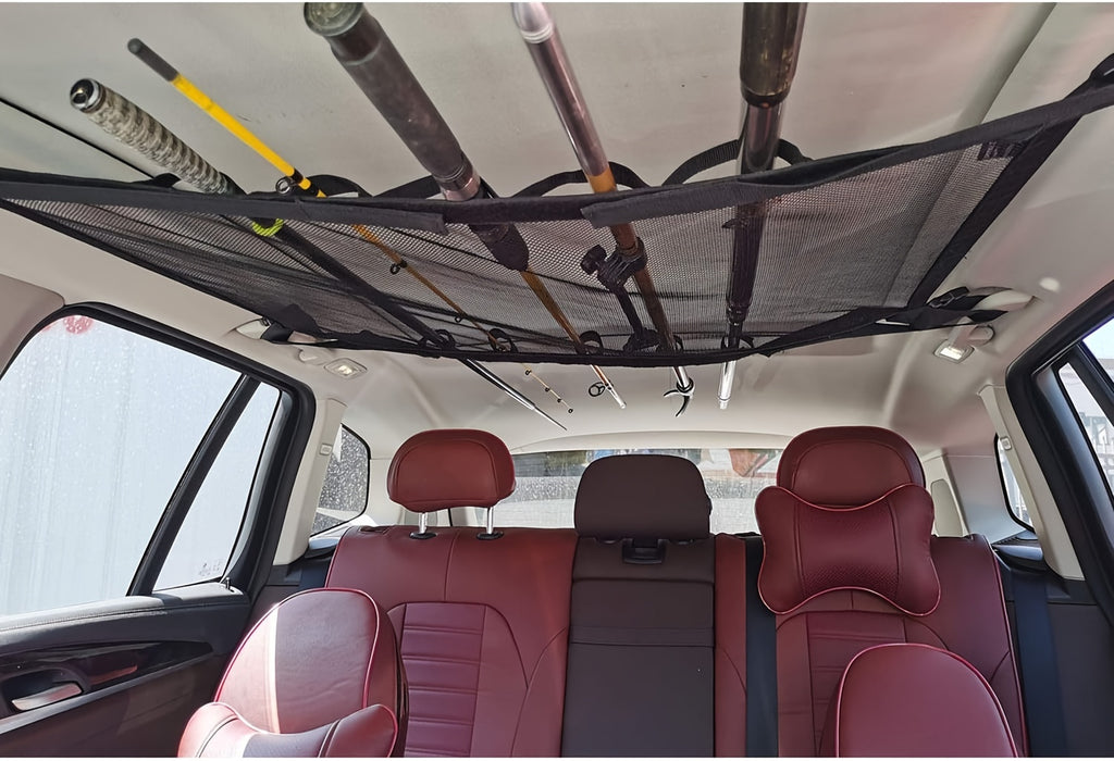 Durable Car Ceiling Mesh Organizer - Easy Install, Space-Saving, Adjustable Straps for SUV, Truck, Van - Fishing Rods Fabric Vehicle Roof Storage Net for Fishing Rods, Ski Poles And Long Gear, Easy Installation.