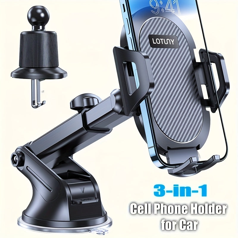 3-in-1 Car Phone Holder for Air Vent & Dashboard - Adjustable Hands-Free Mount for iPhone Samsung Google Pixel & 4"-7.2" Phones, Sturdy Suction Cup with Ergonomic Grip, Black - Perfect Car Accessory Gift, Modern Design | Textured Grip Surface, Cell Phone