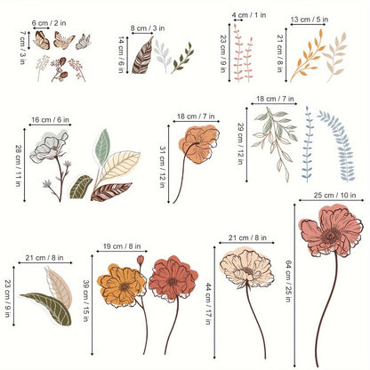 Bohemian Flower Wall Stickers Self-Adhesive Peel and Stick - Wildflowers & Fruits Wall Art Decals for Living Room Bedroom TV Background - Removable Matte Boho Floral Wall Decoration Sticker