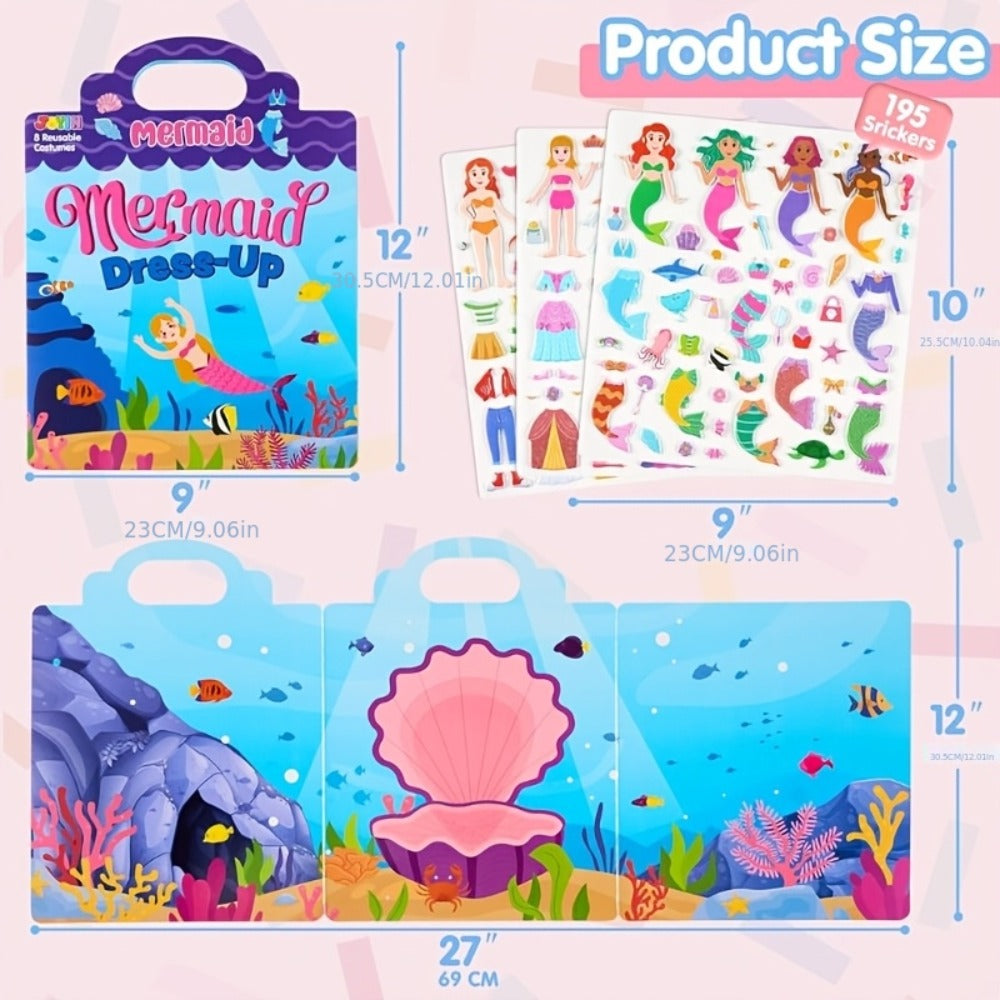 Reusable Sticker Books for Toddlers Girls 3 Pack – 3D Foam Sticker Activity Books Mermaid Princess Fashion Themes, 195+ Restickable Stickers Screen-Free Travel Toy Birthday Christmas Gift