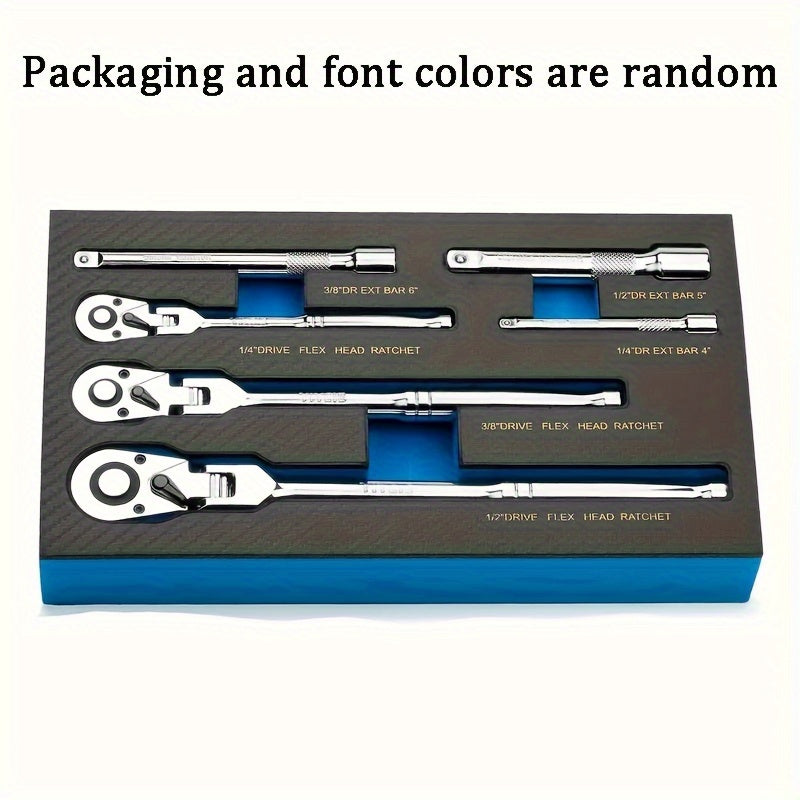 Set Of 6pcs Of Ratchet Wrench Set, With 2-tooth Ratchet 1/ 4 Inch, 3/ 8 Inch, 1/ 2 Inch, Rotating Head Ratchet Wrench With Extension Bar, Made Of High-quality Stainless Steel, Chrome-plated Surface Treatment, With EVA Foam Storage Box, Without Battery