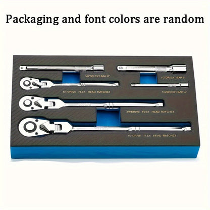 Set Of 6pcs Of Ratchet Wrench Set, With 2-tooth Ratchet 1/ 4 Inch, 3/ 8 Inch, 1/ 2 Inch, Rotating Head Ratchet Wrench With Extension Bar, Made Of High-quality Stainless Steel, Chrome-plated Surface Treatment, With EVA Foam Storage Box, Without Battery