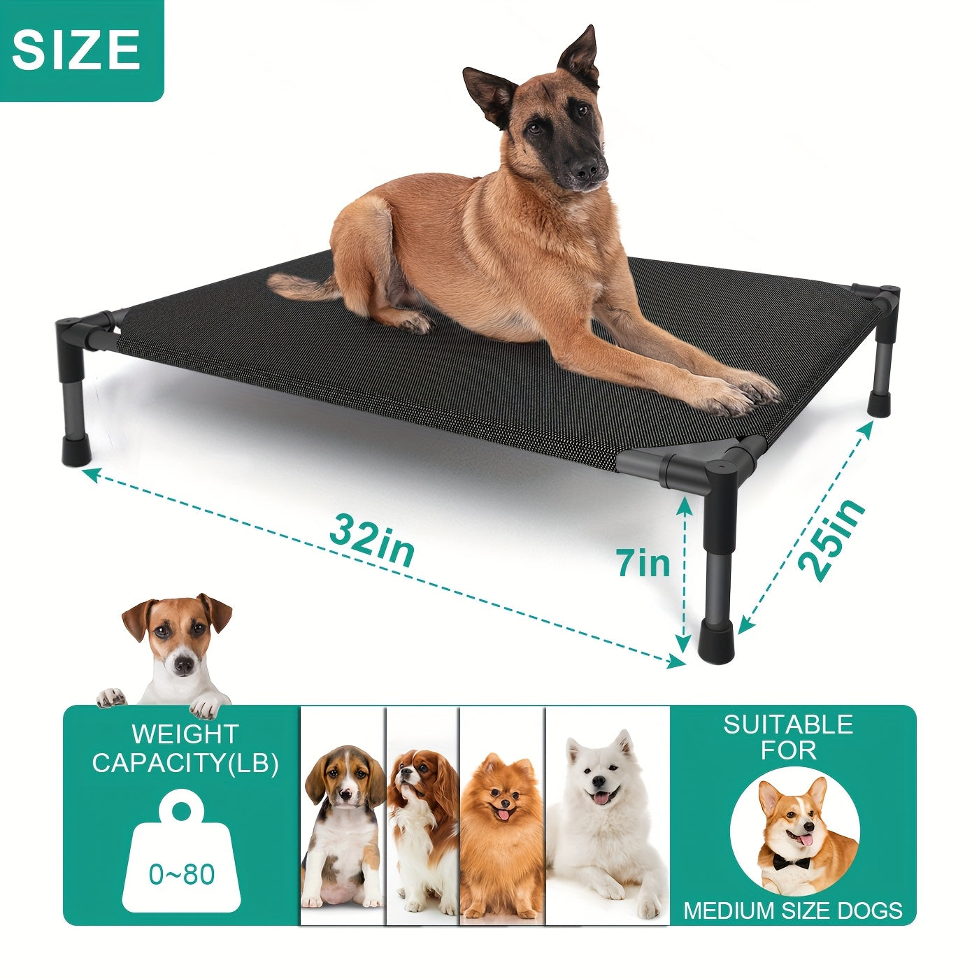 Elevated Dog Bed Cooling Cot - Breathable Mesh Dog Cot for Indoor and Outdoor Use, No-Tool Assembly Anti-Slip Feet Frame for Small Medium Large XL Dogs, Washable Raised Pet Bed for Summer Camping