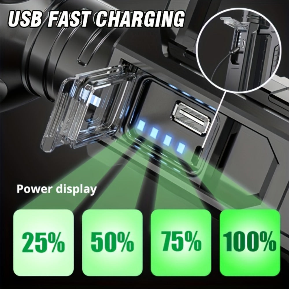 XHP90 High Power LED Flashlight USB Rechargeable Powerful Spotlight Searchlight – 4 Modes, Camping Lantern Torch with Bracket for Fishing Camping Hiking Hunting Outdoor Adventure Patrol