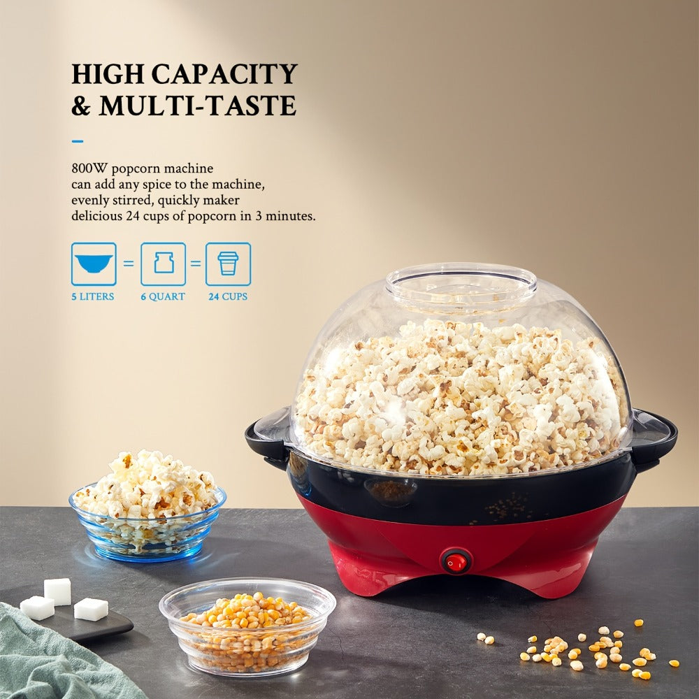 Popcorn Machine 800W Electric Stirring Popcorn Maker – 6-Quart Non-Stick Plate, Quick-Heat Technology, Cool-Touch Handles, 2-in-1 Lid & Bowl for Home Movie Night