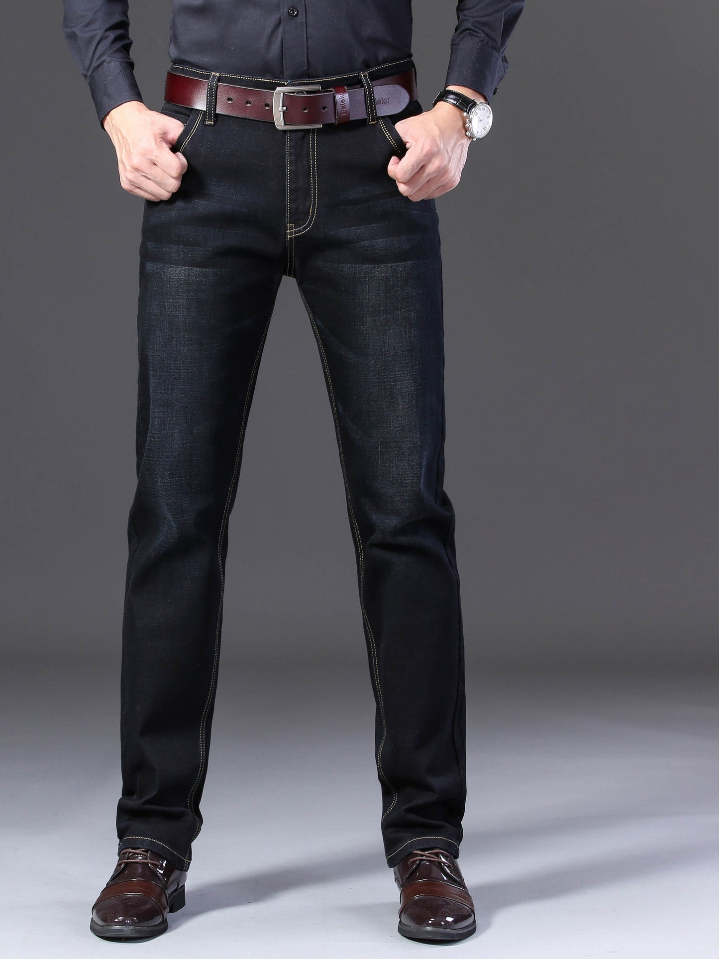 Men's Straight Leg Jeans - Black Denim Clean Finish Modern