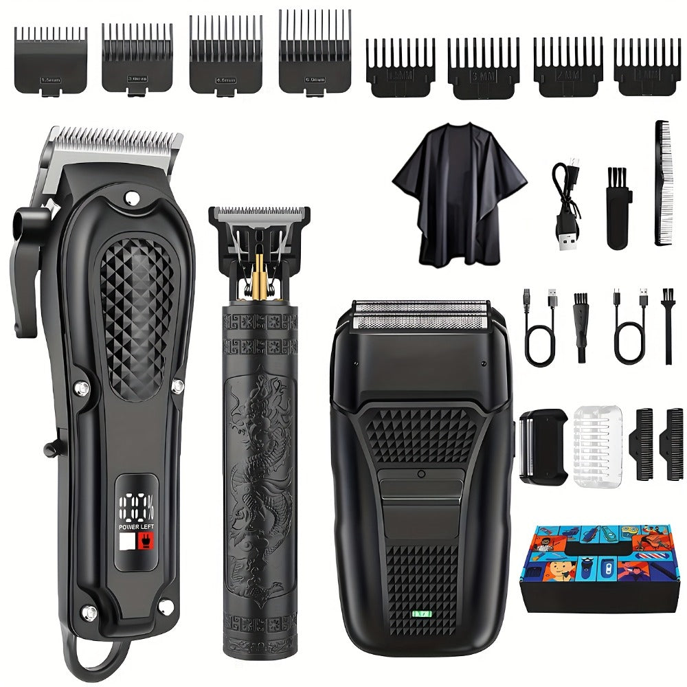 Men's Grooming Kit Hair Clipper Set USB Rechargeable LCD Display - Professional Clipper Razor T-Blade Trimmer 8 Guide Combs & Apron Complete Home Barber Kit Gold Black Gift for Men