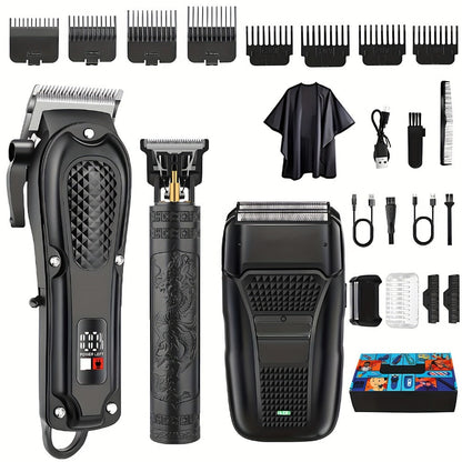 Men's Grooming Kit Hair Clipper Set USB Rechargeable LCD Display - Professional Clipper Razor T-Blade Trimmer 8 Guide Combs & Apron Complete Home Barber Kit Gold Black Gift for Men